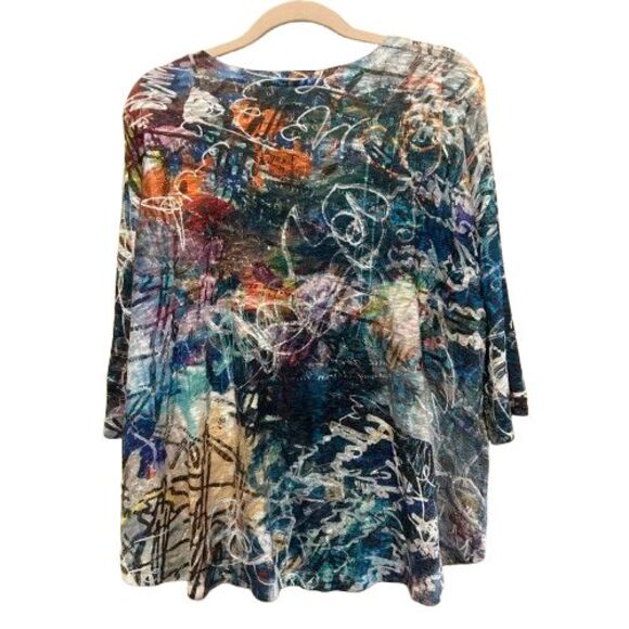 Inoah Knit V Neck Top Womens XL Multicolor Abstract Print 3/4 Sleeve Boho Artsy - Picture 3 of 6